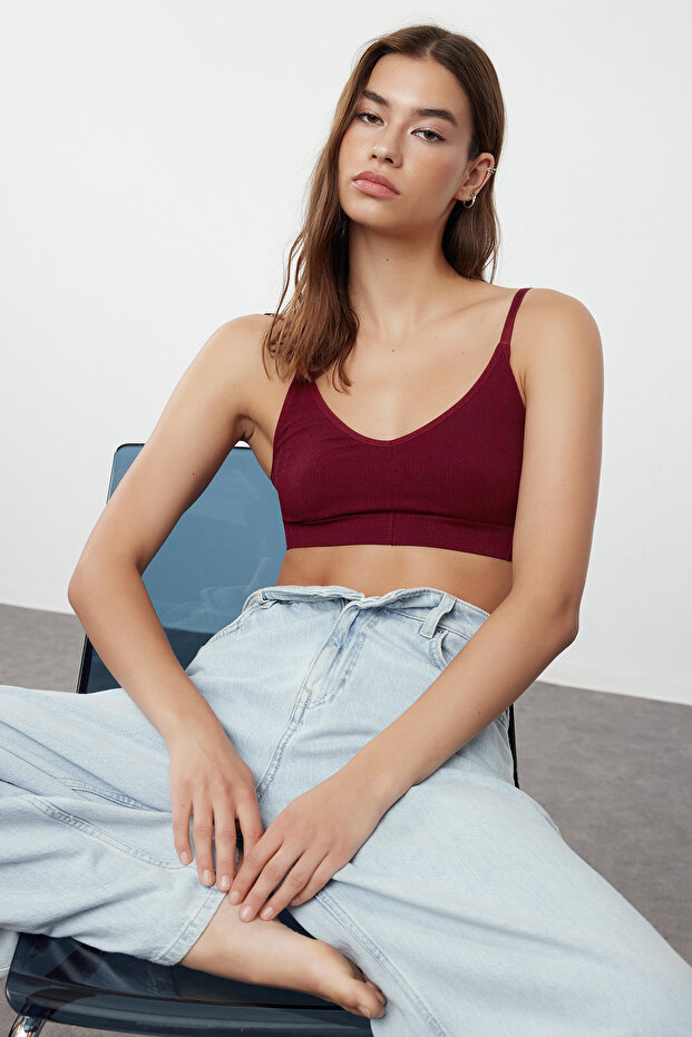 Bordo Seamless/Dikişsiz İp Askılı Balensiz Kapsız Bralette Örme Sütyen THMAW22SU0030 - 1