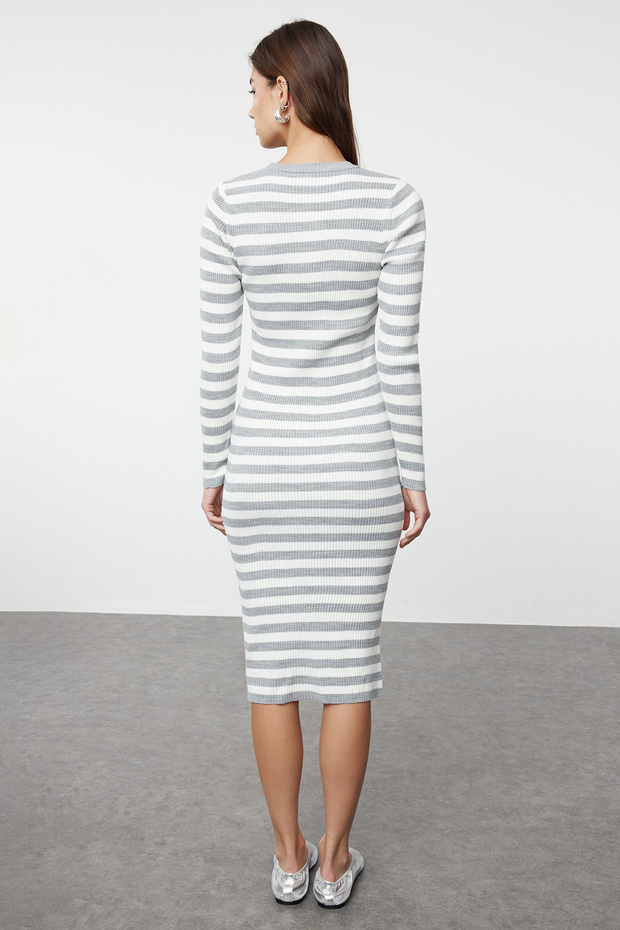 Gri Midi Triko Basic Çizgili Elbise TWOAW23EL00018 - 5