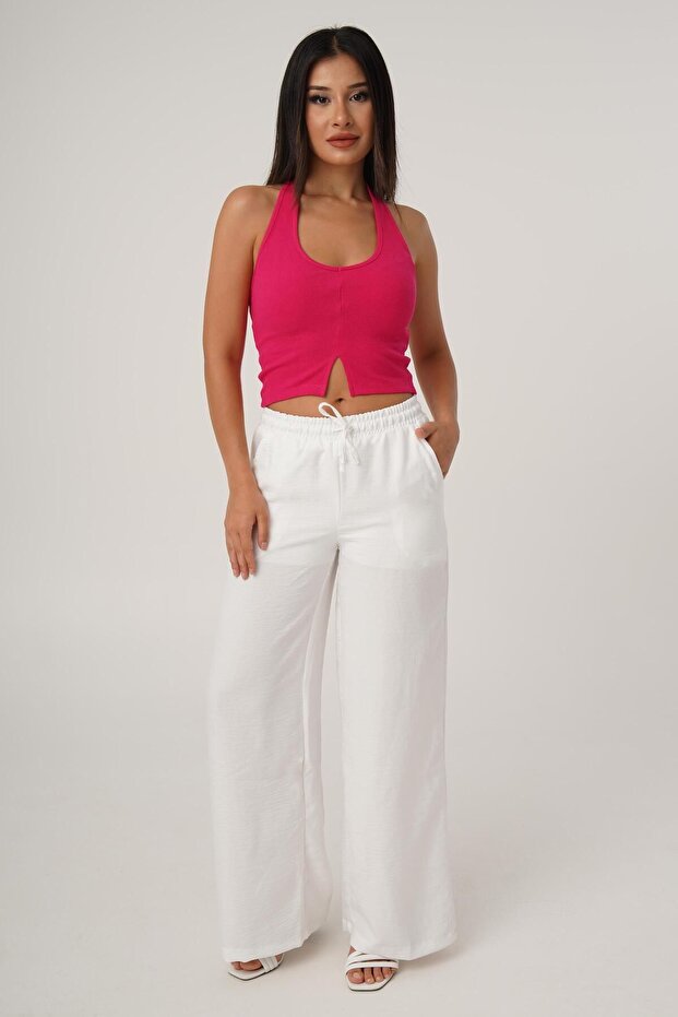 بلوزة قصيرة باللون الفوشيا - موديل أساسي بحمالة عنق - 2