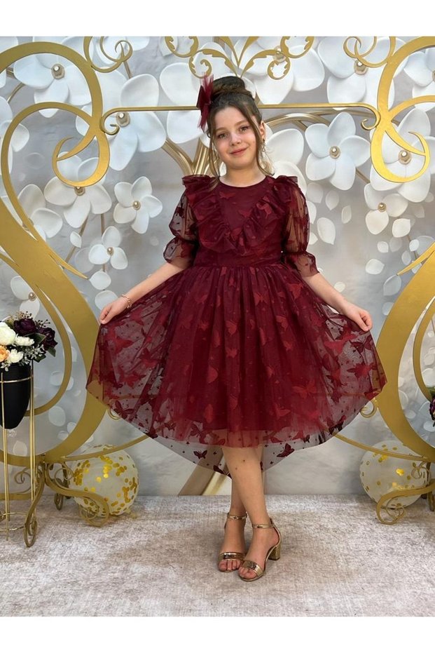 Girl's Evening Dress Butterfly Patterned Tulle Tailed Buckle