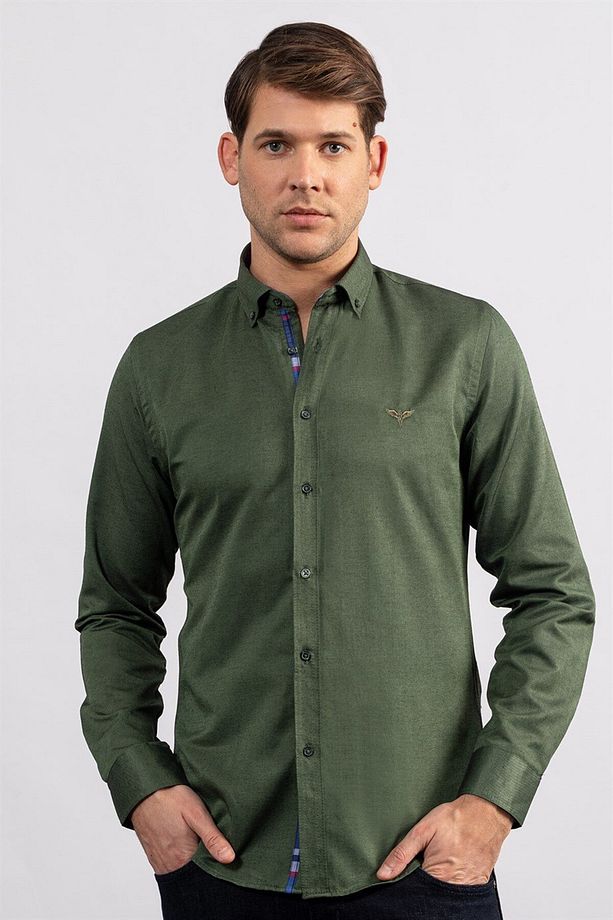 Erkek Slim Fit Dar Kesim Uzun Kollu Pamuklu Oxford Doku Kolay Ütülenebilir Yeşil Düğmeli Yaka Gömlek - 1