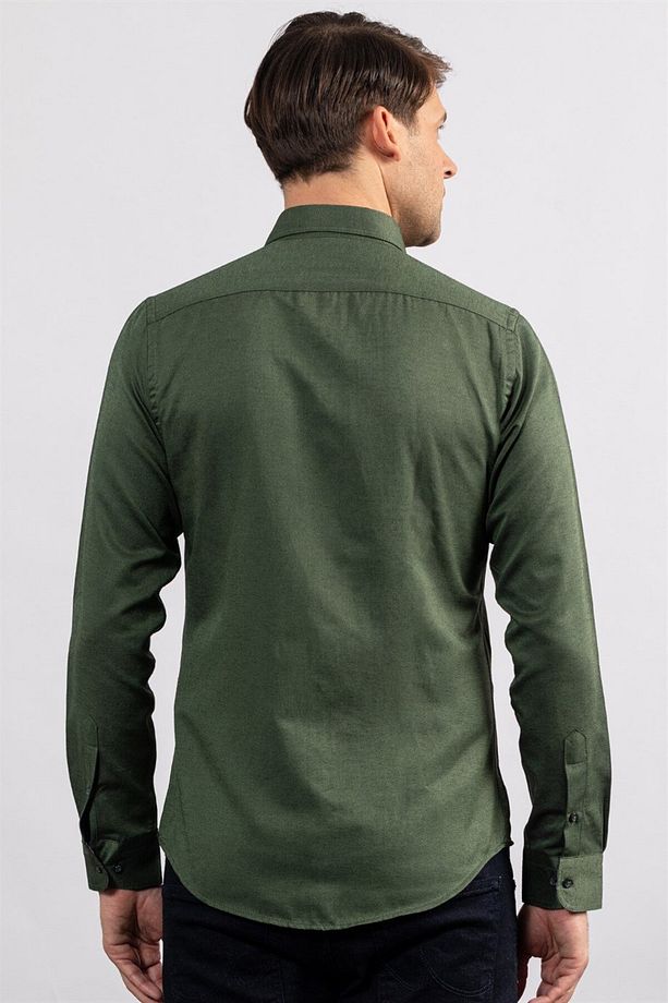 Erkek Slim Fit Dar Kesim Uzun Kollu Pamuklu Oxford Doku Kolay Ütülenebilir Yeşil Düğmeli Yaka Gömlek - 4