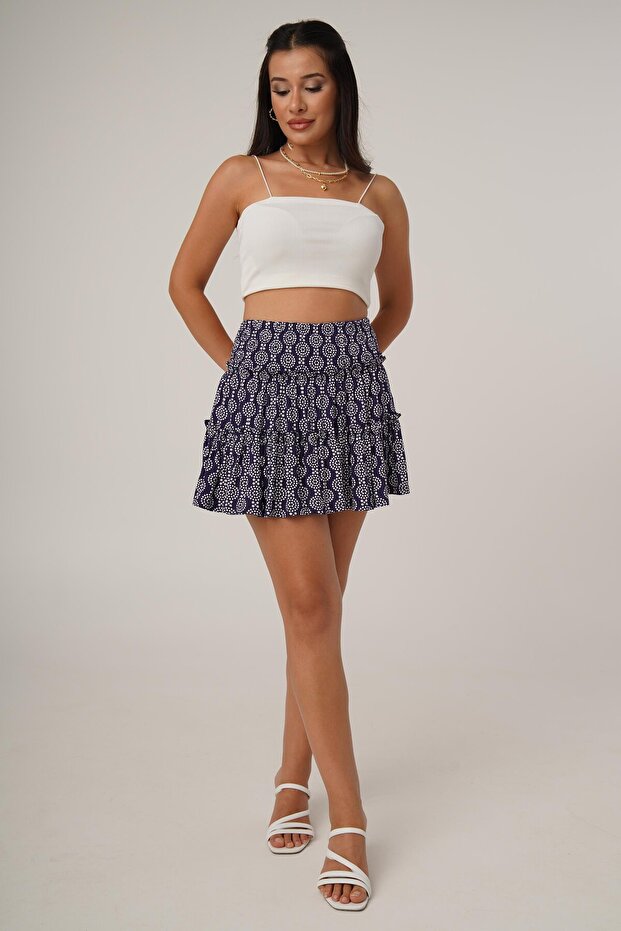 Baskılı Kat Kat Mini Lacivert Şort Etek - 3