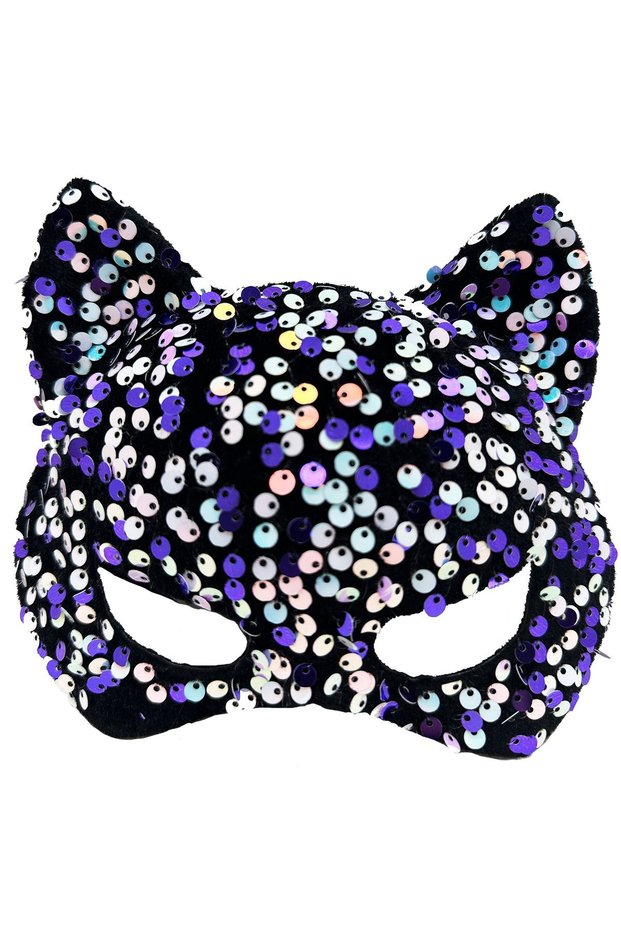 Purple and White Sequined Sequin Party Mask on Black Velvet Fabric 16x14 cm