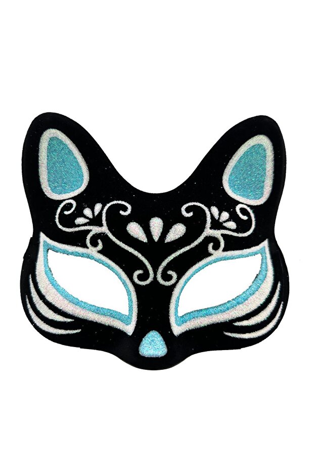 Black Color Suede Coating Silver Blue Glitter Cat Mask 17x14 cm