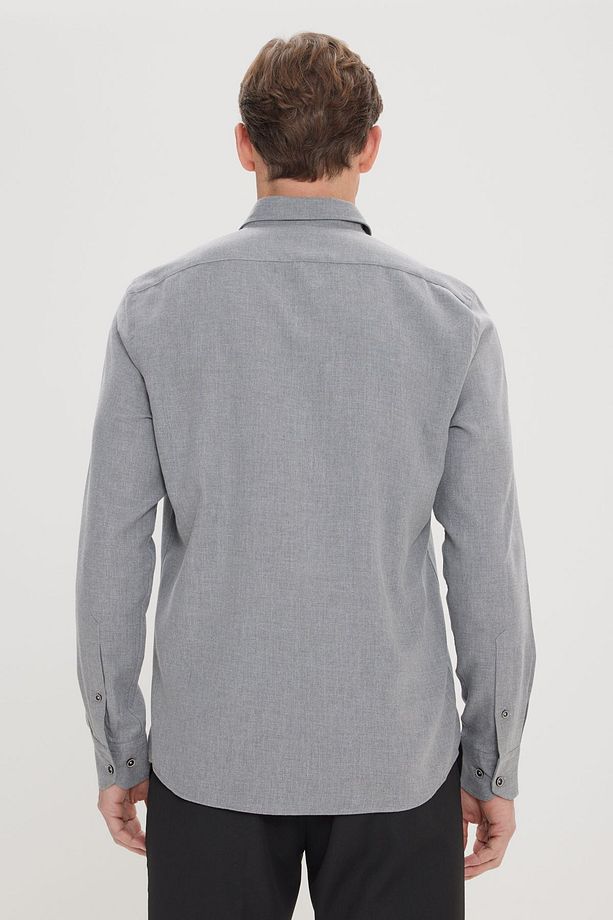 Erkek Açık Gri Slim Fit Dar Kesim Düğmeli Yaka Pamuklu Flanel Oduncu Gömlek - 6