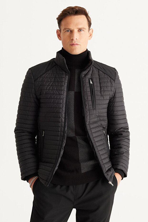 Men's Black Standard Fit Regular Cut Stand Collar Shoulder Detailed Winter Coat