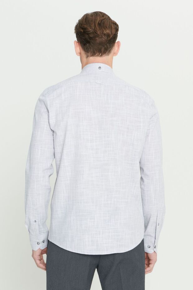 Erkek Antrasit Slim Fit Dar Kesim Düğmeli Yaka Keten Görünümlü %100 Pamuk Flamlı Gömlek - 5