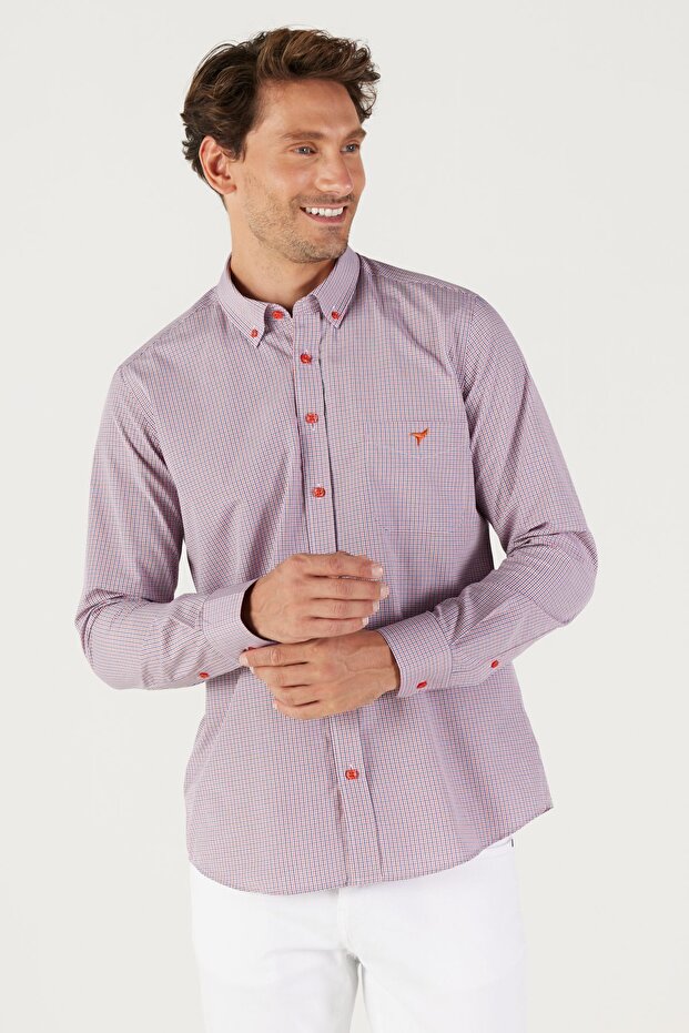 Erkek Lacivert-kırmızı Slim Fit Dar Kesim Düğmeli Yaka Logolu Pamuklu Cepli Çizgili Gömlek - 2