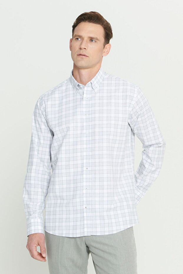 Men's White-Khaki Comfort Fit Relaxed Fit 100% Cotton Classic Collar Dobby Shirt