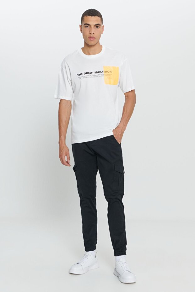 Erkek Beyaz Loose Fit Bol Kesim %100 Pamuk Slogan Baskılı Yumuşak Dokulu Bisiklet Yaka Tişört - 2