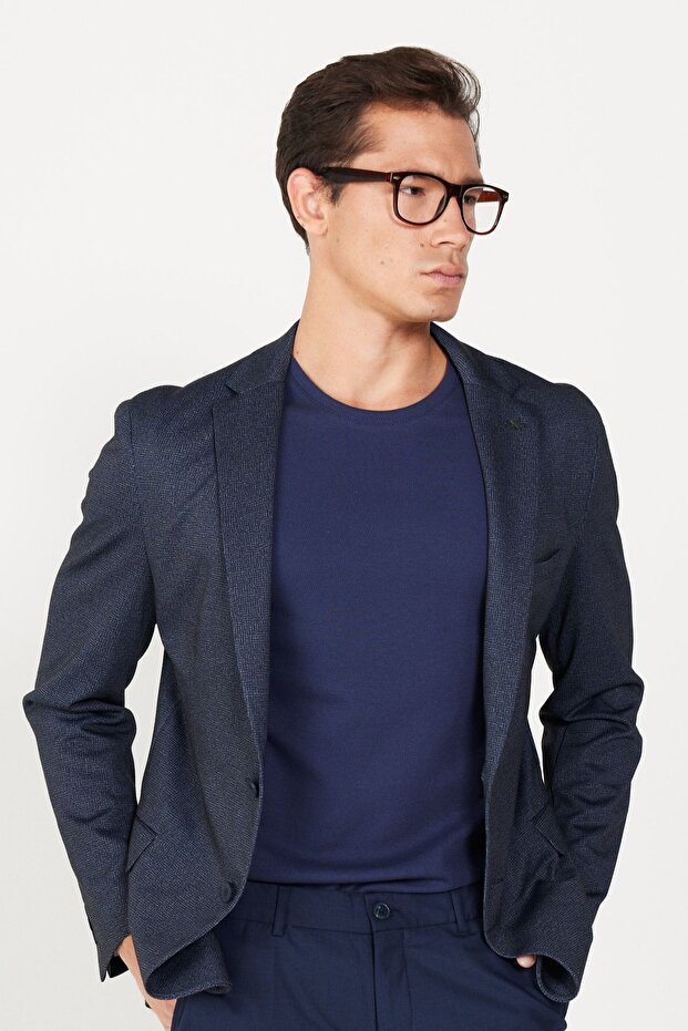 Чоловічий темно-синій піджак з монохромним коміром з принтом з темно-синього кольору - 4