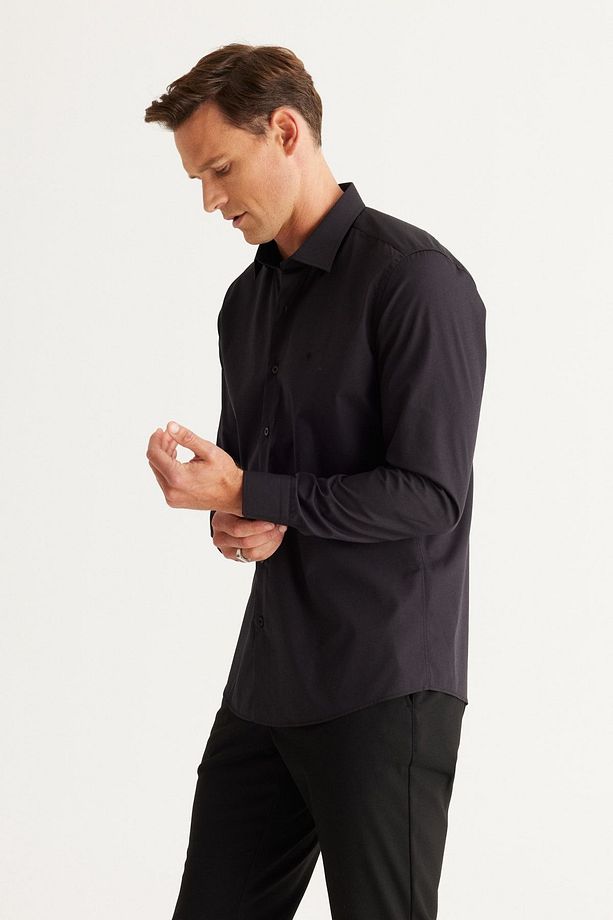 Erkek Siyah Ütülemesi Kolay Non-Iron Slim Fit Dar Kesim Klasik Yaka Pamuklu Gömlek - 4