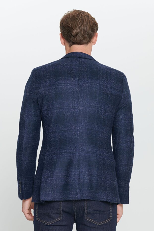 Erkek Lacivert Slim Fit Dar Kesim Mono Yaka Yünlü Blazer Ceket - 5