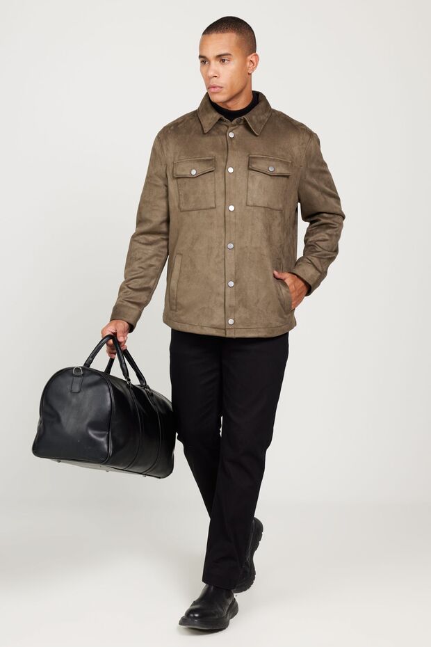 Erkek Haki Standart Fit Normal Kesim Gömlek Yaka Mont - 3