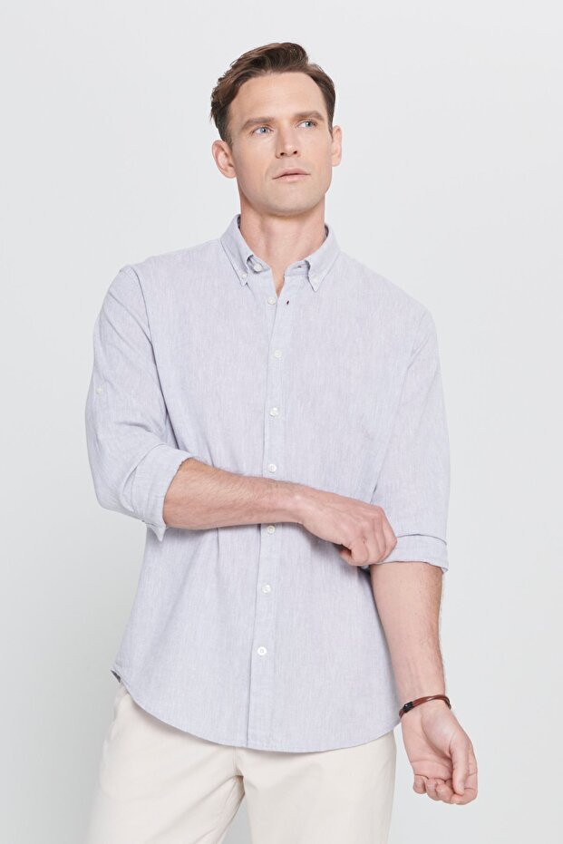 Erkek Gri Keten Comfort Fit Rahat Kesim Düğmeli Yaka Casual Gömlek - 1