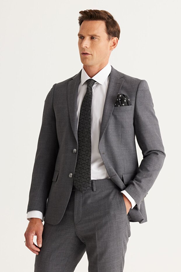 Men's Gray Slim Fit Slim Fit Mono Collar Cordura Fabric Wool Suit