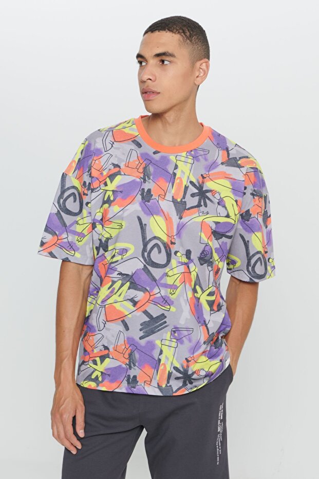 Erkek Sarı Oversize Bol Kesim Pamuklu Yumuşak Dokulu Grafiti Tasarım Baskılı Bisiklet Yaka Tişört - 1