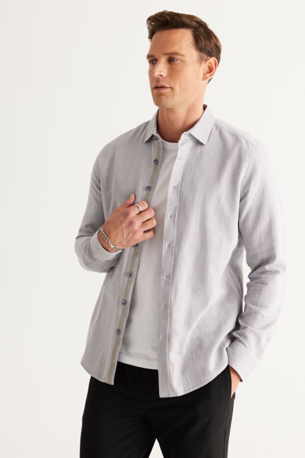 Erkek Gri Slim Fit Dar Kesim Klasik Yaka %100 Pamuk Armürlü Gömlek - 1