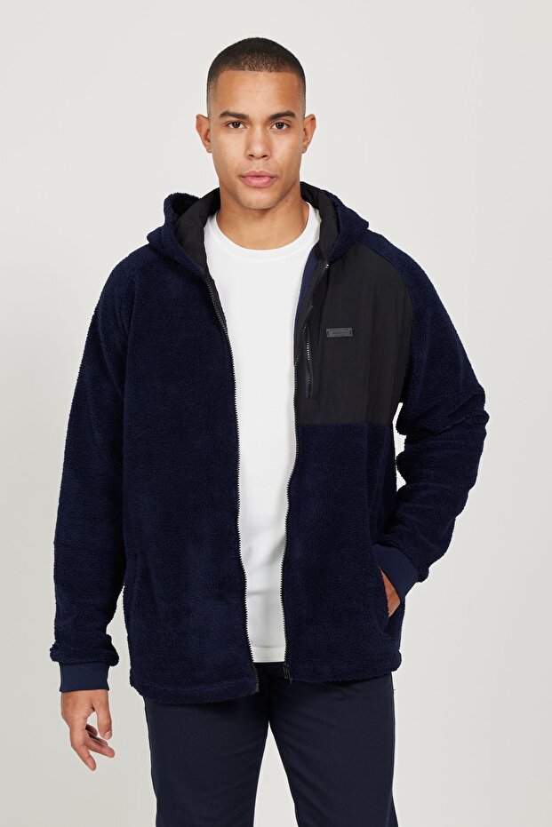 Men's Navy Blue Oversize Loose Cut Hooded Sherpa Fleece Sweatshirt Jacket