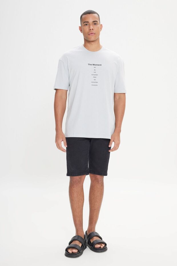 Erkek Bulut Grı Oversize Bol Kesim Bisiklet Yaka %100 Pamuk Baskılı Tişört - 2