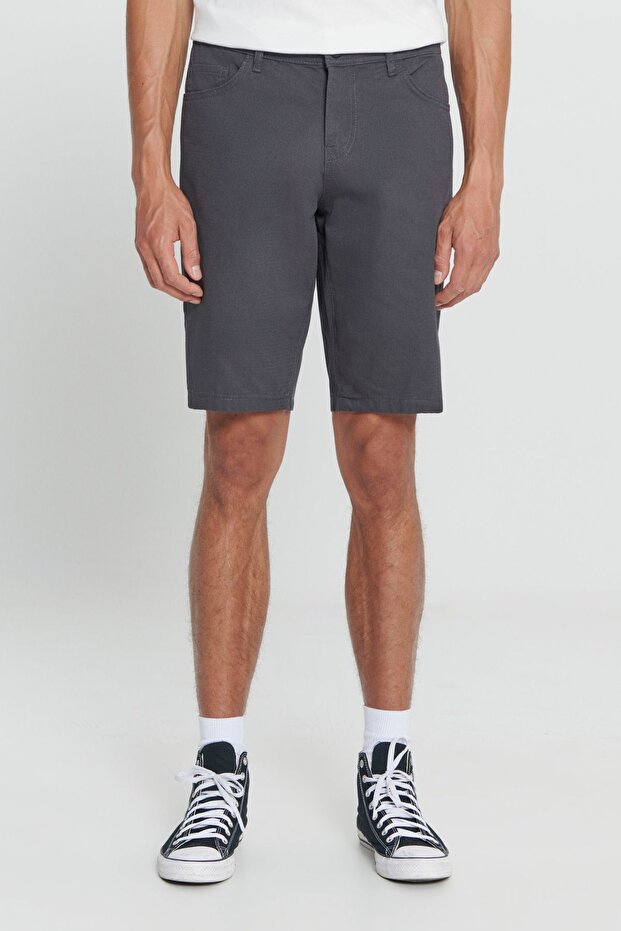 Erkek Antrasit Slim Fit Dar Kesim Armürlü %100 Pamuk Casual Chino Şort - 2