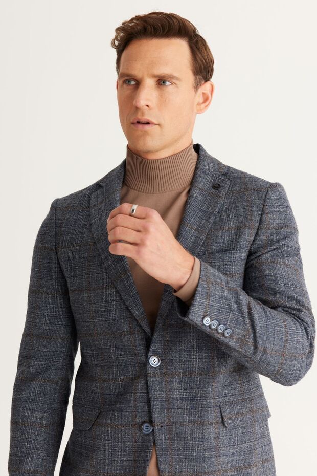 Erkek Mavi-kahverengi Yünlü Slim Fit Dar Kesim Mono Yaka Kapak Cep Ceket - 3