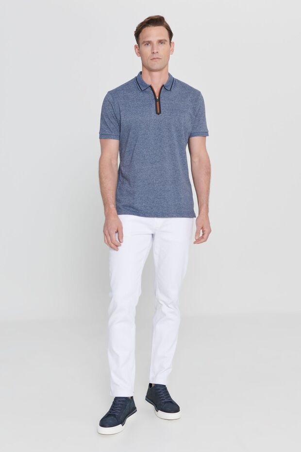 Erkek Lacı Melanj Slim Fit Dar Kesim Fermuarlı Polo Yaka Pamuklu Kısa Kollu Tişört - 2