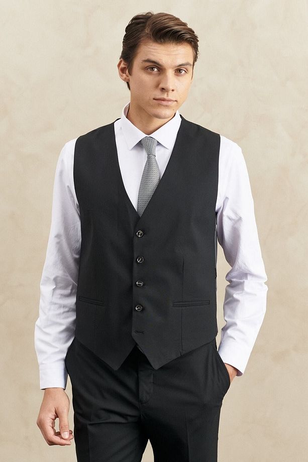 Erkek Siyah Slim Fit Dar Kesim Mono Yaka Yünlü Yelekli Su Ve Leke Tutmayan Nano Takım Elbise - 4
