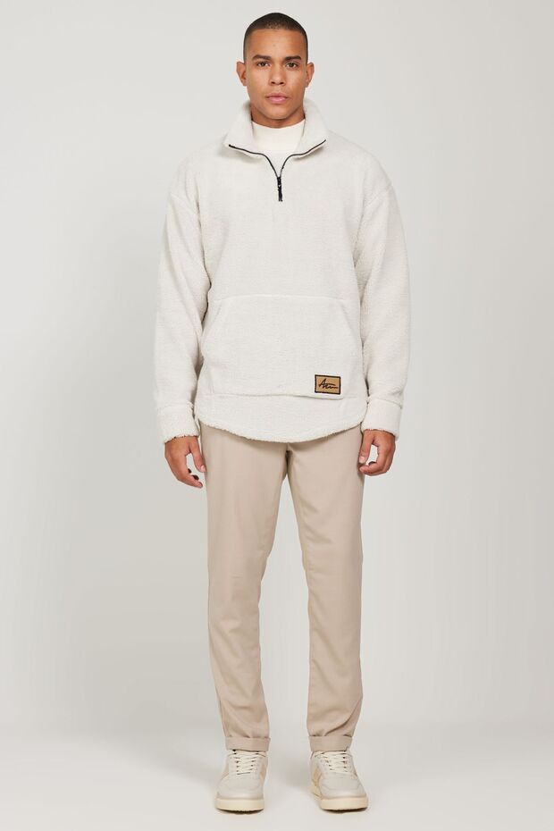 Męska beżowa bluza oversize o luźnym kroju ze stójką i kołnierzem typu bato, polarowa bluza typu sherpa - 2