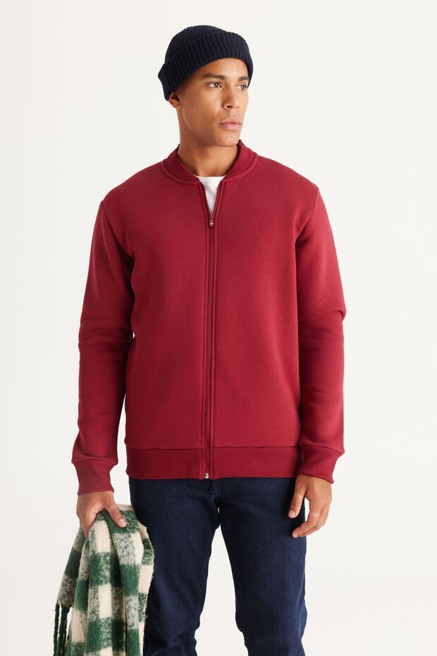 Erkek Bordo Standart Fit Içi Polarlı 3 Iplik Fermuarlı Kolej Yaka Pamuklu Sweatshirt Ceket - 4