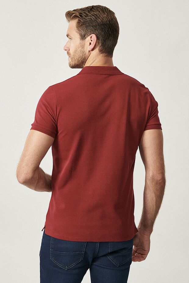 Erkek Bordo %100 Pamuk Kıvrılmaz Pike Polo Yaka Slim Fit Dar Kesim Tişört - 6