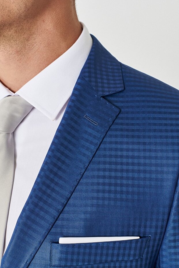 Erkek Mavi Eksta Yünlü Slim Fit Dar Kesim Mono Yaka Kareli Mavi Takım Elbise - 4