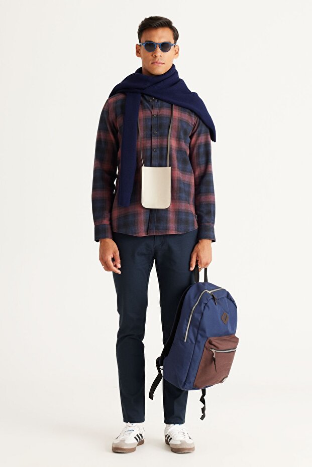 Erkek Lacivert-Bordo Slim Fit Dar Kesim Düğmeli Yaka Pamuklu Gömlek - 2