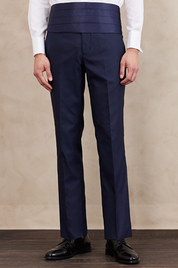 Erkek Lacivert Slim Fit Dar Kesim Mono Yaka Desenli Yelekli Smokin Takım - 4