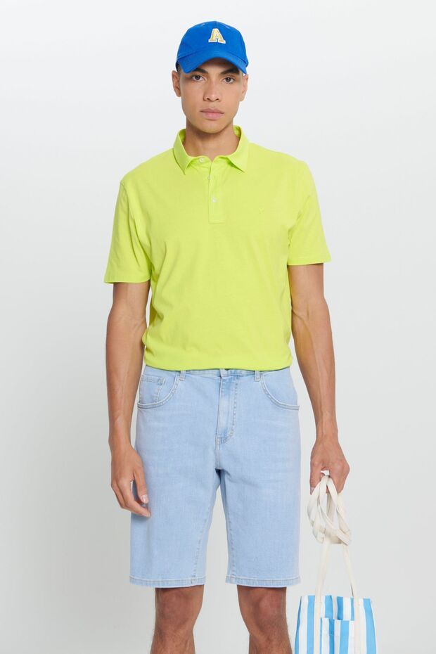 Men's Yellow Standard Fit Regular Cut 100% Cotton Logo Detailed Polo Collar T-Shirt