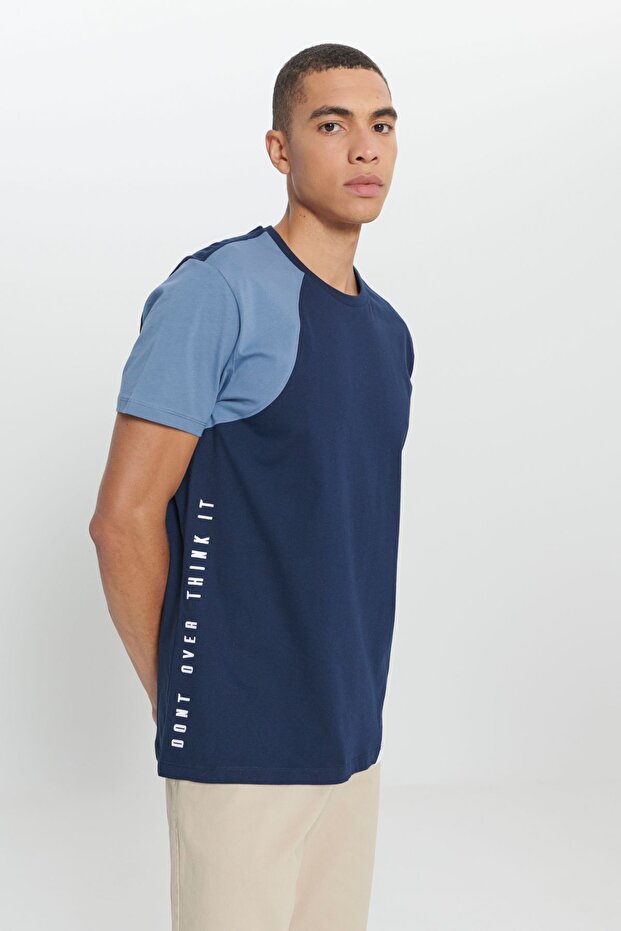 Men's Navy Blue-Beige Standard Fit Regular Fit 100% Cotton Printed Crew Neck T-Shirt