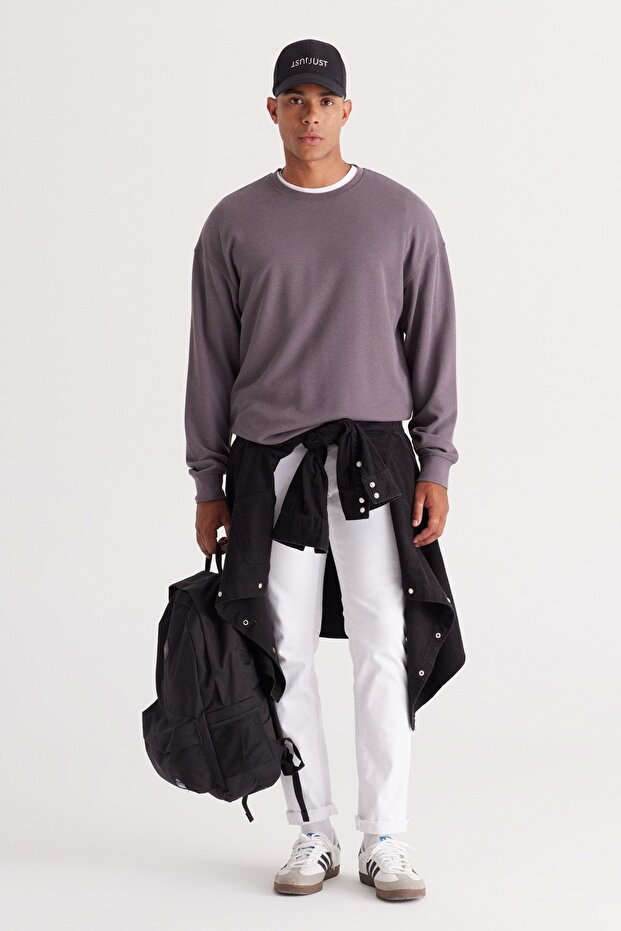 Erkek Koyu Gri Loose Fit Içi Polarlı 3 Iplik Bisiklet Yaka Jakarlı Sweatshirt - 2