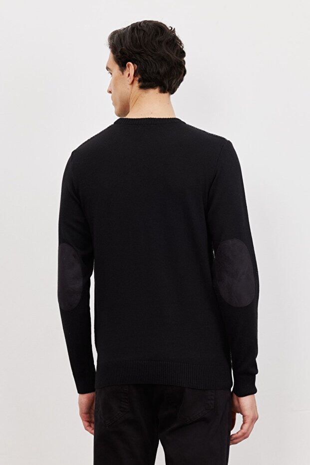 Erkek Siyah-gri Standart Fit Normal Kesim Bisiklet Yaka Desenli Triko Kazak - 3