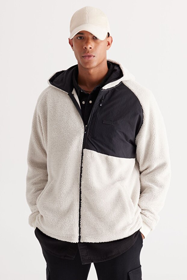 Men's Beige Oversize Loose Cut Hooded Sherpa Fleece Sweatshirt Jacket