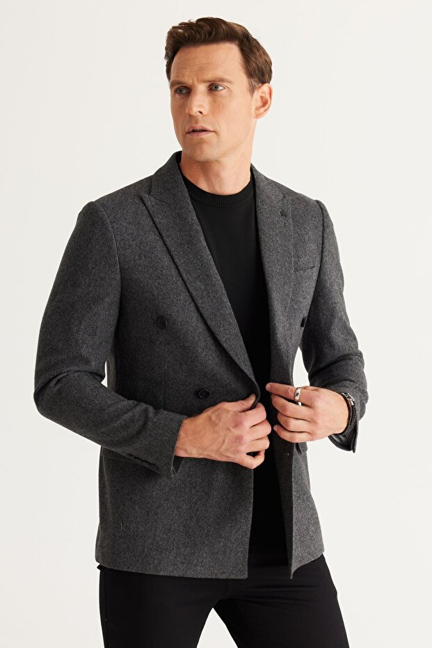 Erkek Siyah Slim Fit Dar Kesim Kırlangıç Yaka Yünlü Kruvaze Blazer Ceket - 4