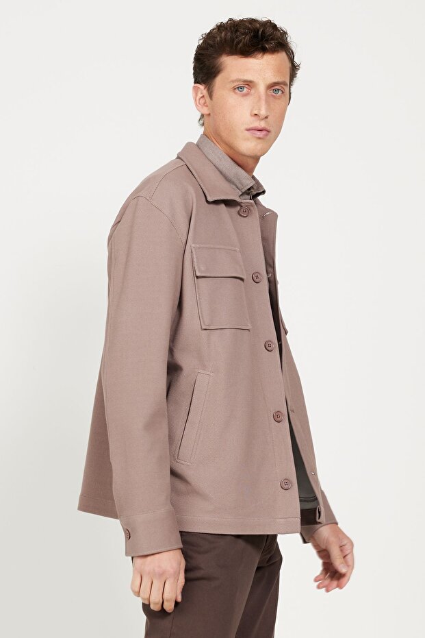 Erkek Koyu Bej Oversize Fit Bol Kesim Klasik Yaka Pamuklu Desenli Gömlek Ceket - 4