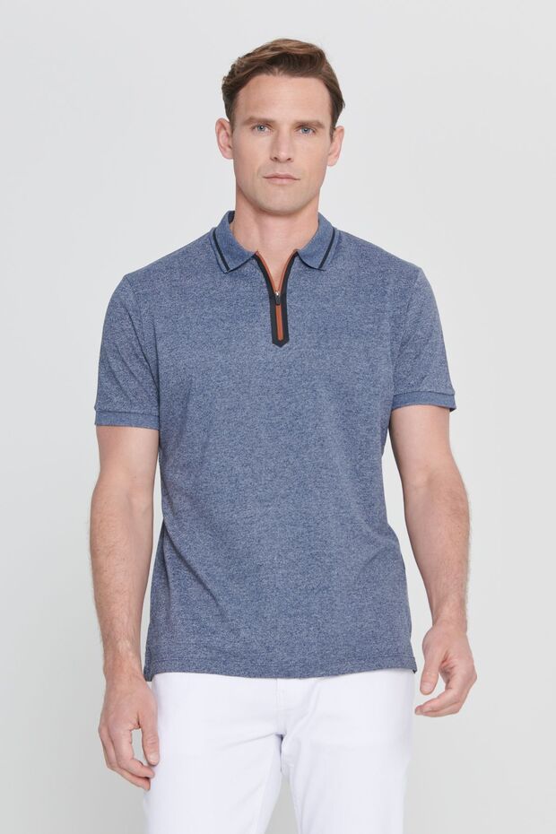 Erkek Lacı Melanj Slim Fit Dar Kesim Fermuarlı Polo Yaka Pamuklu Kısa Kollu Tişört - 1