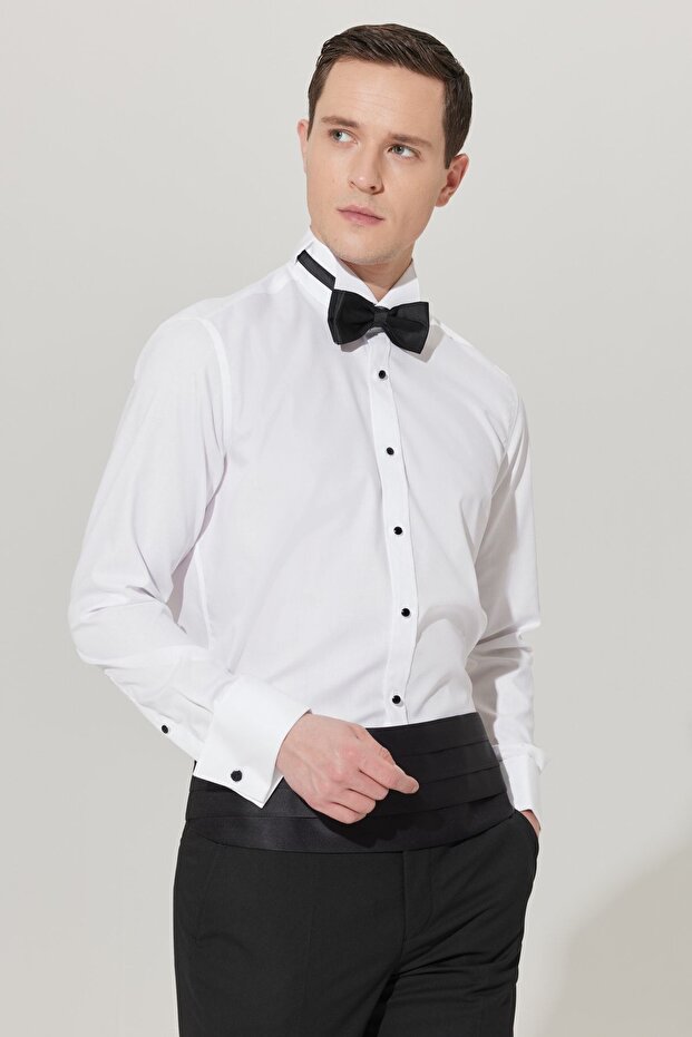 Men's White Slim Fit Narrow Cut Collar Long Sleeve Classic Shirt