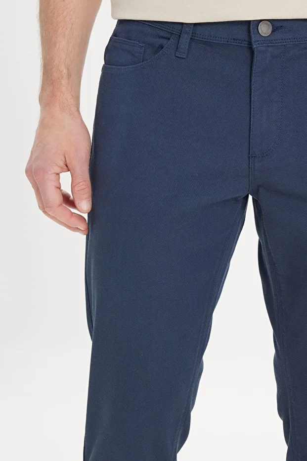 Erkek Lacivert Slim Fit Dar Kesim 5 Cep Armürlü Esnek Pantolon - 5