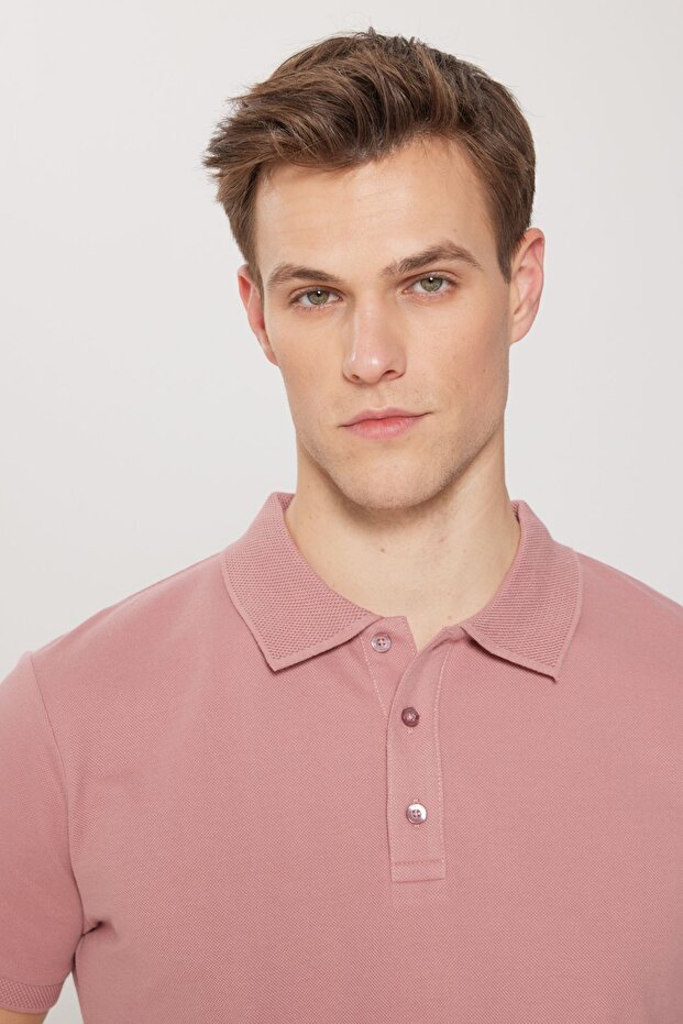 Erkek Gül Kurusu %100 Pamuk Kıvrılmaz Pike Polo Yaka Slim Fit Dar Kesim Tişört - 9
