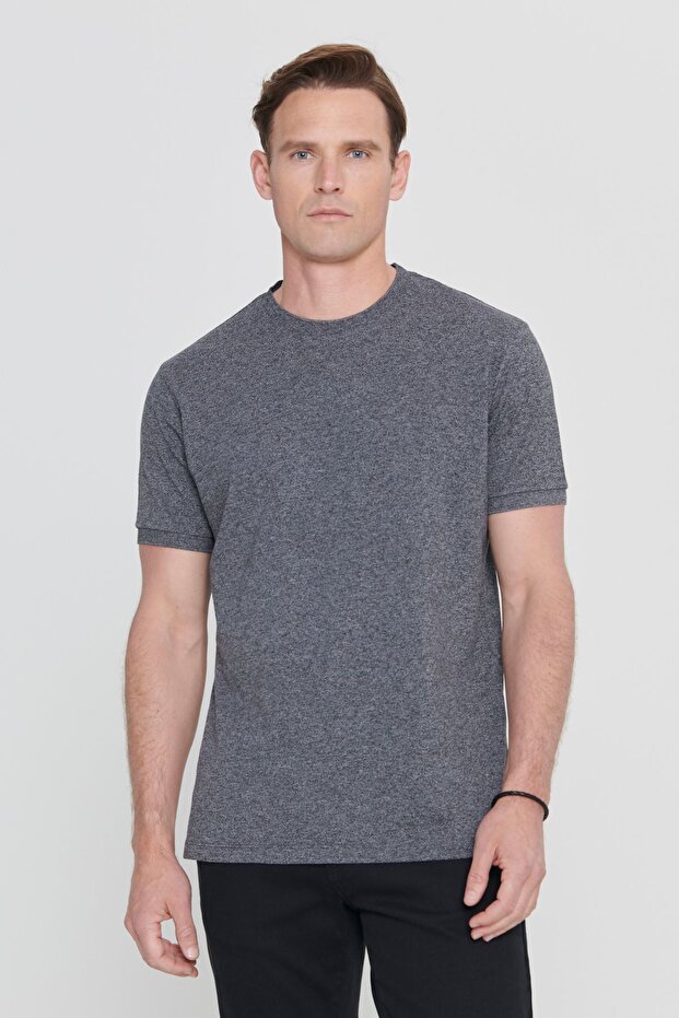 Erkek Antrasit-melanj Slim Fit Dar Kesim Bisiklet Yaka Pamuklu Pike Tişört - 1