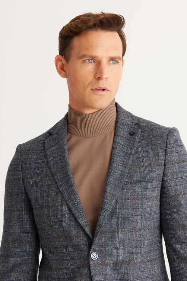 Erkek Mavi-kahverengi Yünlü Slim Fit Dar Kesim Mono Yaka Kapak Cep Ceket - 2