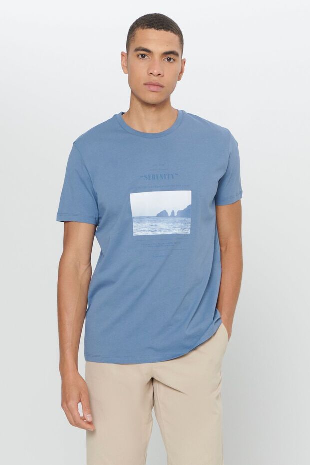 Erkek İndigo Standart Fit Normal Kesim %100 Pamuk Baskılı Bisiklet Yaka Tişört - 3