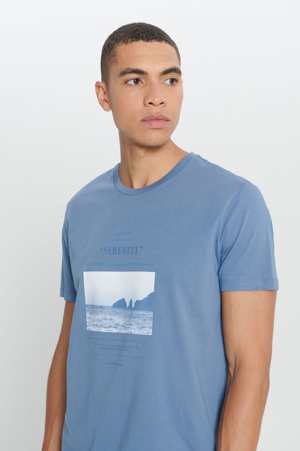 Erkek İndigo Standart Fit Normal Kesim %100 Pamuk Baskılı Bisiklet Yaka Tişört - 4